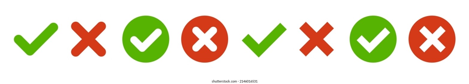 Marca de verificación verde, conjunto de iconos de marca roja. Marque y cruce los iconos en círculo. Ilustración del vector