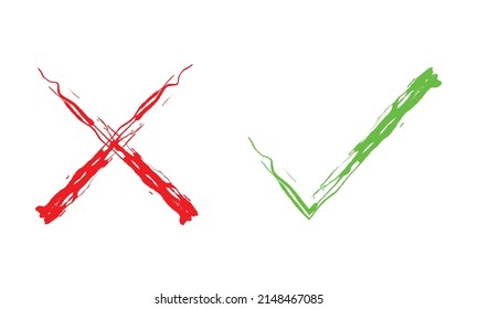 marca de verificación verde y símbolo de icono de cruz roja.