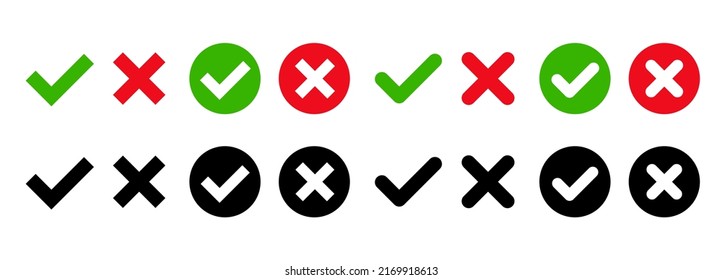 Green check mark, red cross mark icon set. Check mark and cross icons in circle. Isolated. Editable stroke. Vector illustration