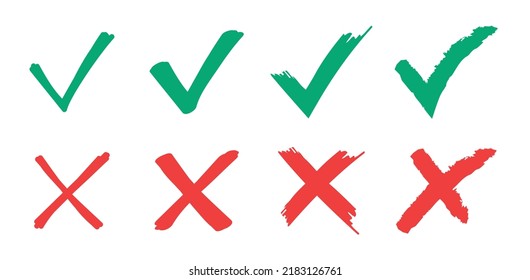 Green check mark and  red cross mark hand drawing isolated on white background.