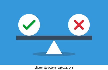 Marca de verificación verde y cruz roja en equilibrio sobre el agua de mar. Concepto de equilibrio pro o contra. Ilustración de infografía vectorial de estilo plano.