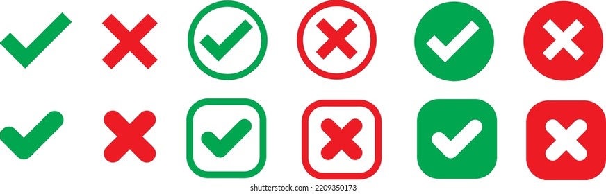 Green check mark, red cross mark icon set. Isolated tick symbols, checklist signs, approval badge. Flat and modern checkmark design, vector illustration	