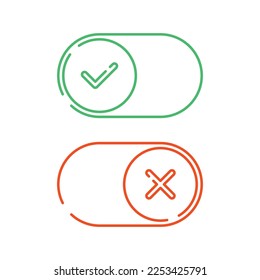 Marca de verificación verde e icono de cruz roja. Cambiar botones de interfaz.
