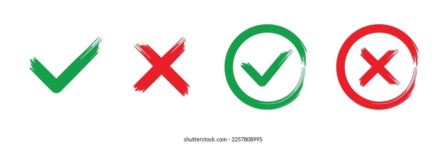 Marca de verificación verde, conjunto de iconos de pincel con marca de cruz roja. Señales de lista de comprobación, insignia de aprobación, símbolos de marca.  Diseño de marca de verificación de pincel abstracto, ilustración vectorial