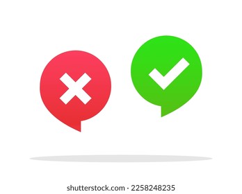 Green check mark and red cross icon in speech bubbles. Simple icons in flat style: Yes-No, Approved-Disapproved, Accepted-Rejected, Right-Wrong, Correct-False, Green-Red, Ok-Not Ok. Vector