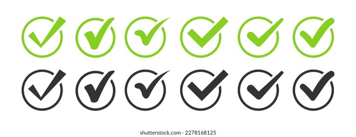 Green check mark and red cross icon set. Circle and square. Tick symbol in green color, vector illustration.