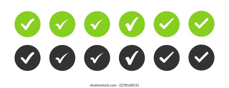 Green check mark and red cross icon set. Circle and square. Tick symbol in green color, vector illustration.