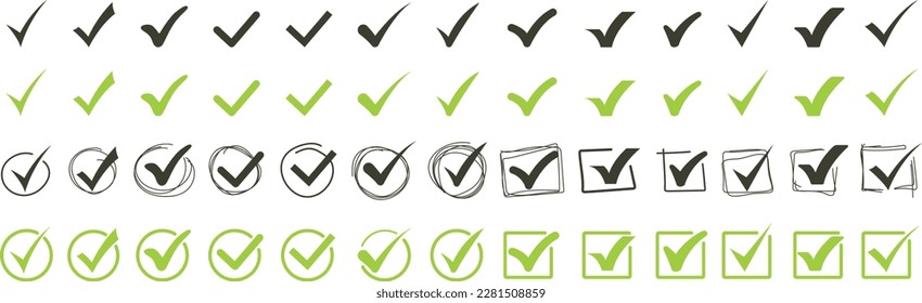 Green check mark and red cross icon set, circle and square. Tick symbol in green color. Hand drawn checkmark illustration. Vector illustration