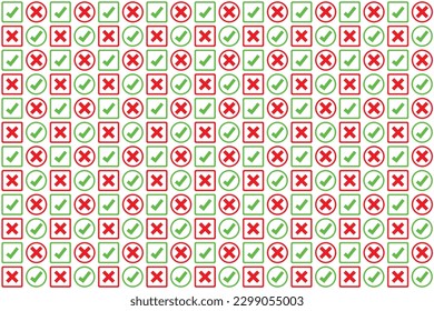 Marca de verificación verde e icono de cruz roja.Conjunto de iconos simples en estilo plano: Sí-No, Aprobado-Desaprobado, Aceptado-Rechazado, Correcto-Equivocado, Correcto-Falso, Verde-Rojo, Ok-No Ok. Ilustración vectorial.