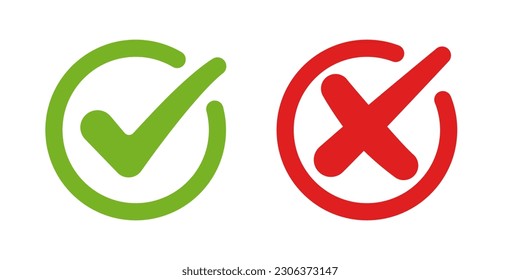 Green check mark and red cross mark in circle. Vector illustration. Isolated on white background