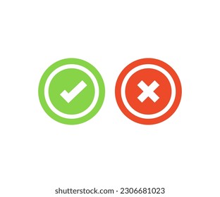 Green check mark and red cross mark icon set. Check mark and red cross icons in circle, checklist signs, flat checkmark approval badge, isolated tick symbols vector design and illustration.

