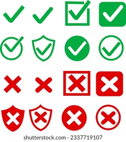 Marca de verificación verde y conjunto de iconos de cruz roja. Círculo y cuadrado. Diseño vectorial reemplazable.