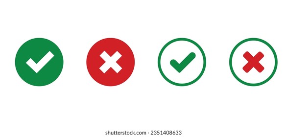 Marca de verificación verde e icono de cruz roja. estilo plano: Sí-No, Aprobado-Desaprobado Correcto-Equivocado, Correcto-Falso, Verde-Rojo, Ok-No Ok. Ilustración del vector