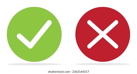 Grünes Häkchen und rotes Kreuz-Symbol.Set einfache Symbole im flachen Stil: Ja-Nein, Genehmigt-abgelehnt, akzeptiert-abgelehnt, rechtsfalsch, korrekt-falsch, grün-rot, OK-Not OK. Vektorgrafik