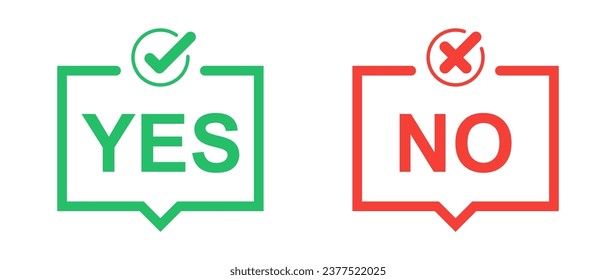 Marca de verificación verde e icono de cruz roja.Conjunto de iconos simples en estilo plano: Sí-No, Aprobado-Desaprobado, Aceptado-Rechazado, Correcto-Equivocado, Correcto-Falso, Verde-Rojo, Ok-No Ok. Ilustración del vector