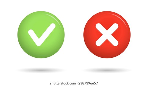 Marca de verificación verde e icono de cruz roja. Marcas de verificación aisladas, signos de lista de verificación, icono de aprobación. Vector