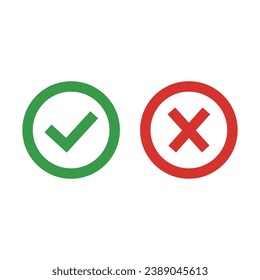 Marca de verificación verde e icono de cruz roja en un círculo sobre un fondo aislado. Icono de aprobación e icono de rechazo. Icono True o false. Esquema editable.Ilustración vectorial.