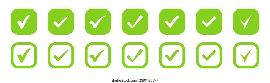 Marca de verificación verde y conjunto de iconos de cruz roja. Círculo y cuadrado. Símbolo de marca en color verde, ilustración vectorial.