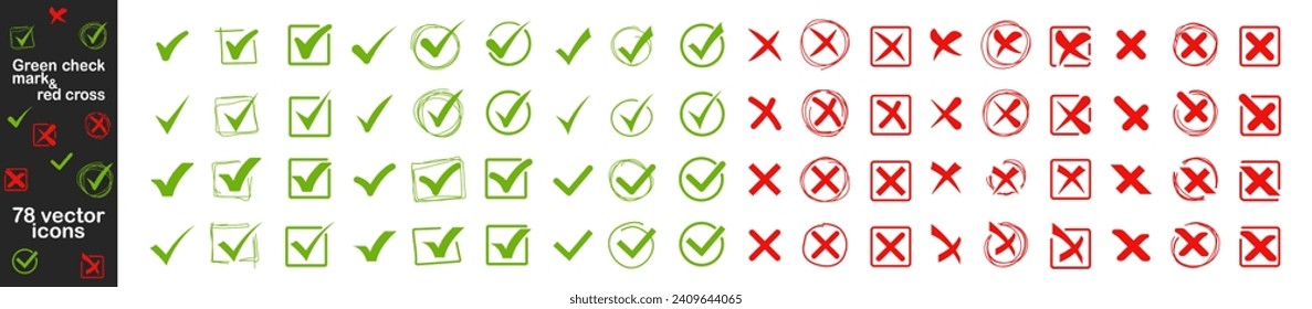 Green check mark and red cross icon set. Isolated vector illustration. Vector drawing. Cross symbol.