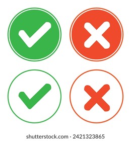 Green check mark and red cross icon. Set of simple icons in flat style: Yes-No, Approved-Disapproved, Accepted-Rejected, Right-Wrong, Ok-Not Ok. Vector illustration . Eps File 26.