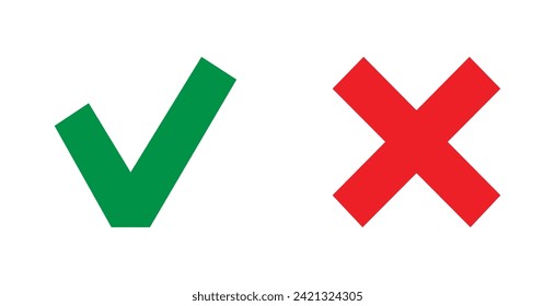 Marca de verificación verde e icono de cruz roja. Conjunto de iconos simples en estilo plano: Sí-No, Aprobado-Desaprobado, Aceptado-Rechazado, Correcto-Equivocado, Ok-No Ok. Ilustración del vector. Archivo Eps 30.