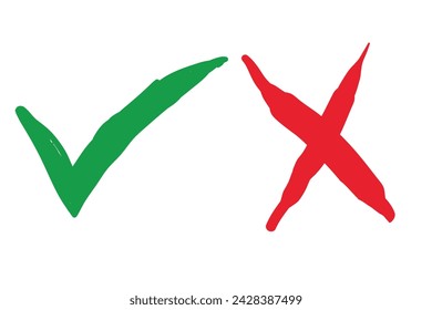 green check mark and red cross mark isolated on white background Vector illustration.  