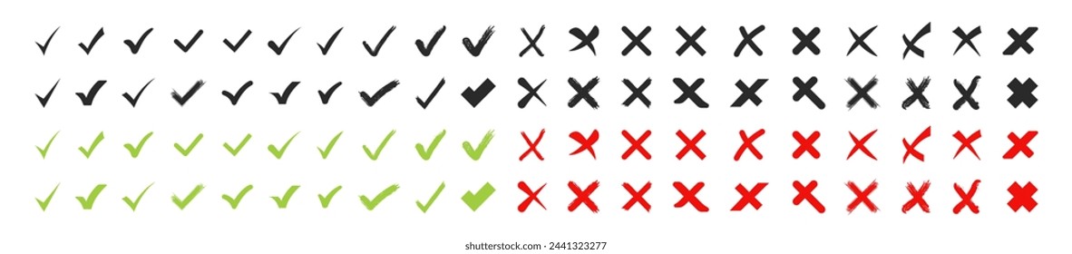 Green check mark and red cross icon set. Check marks symbol collection. Check marks big collection. Tick icon. Check marks different shape, isolated