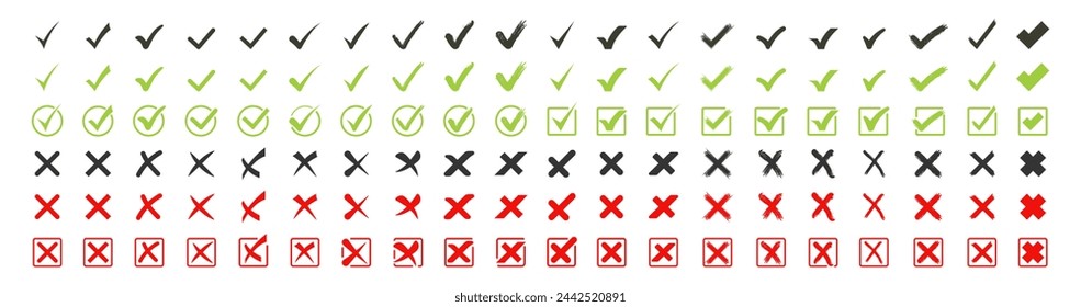 Green check mark and red cross icon set. Check marks symbol collection. Check marks big collection. Tick icon. Check marks different shape, isolated