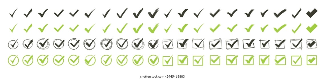 Green check mark and red cross icon set, circle and square. Tick symbol in green color. Hand drawn checkmark illustration