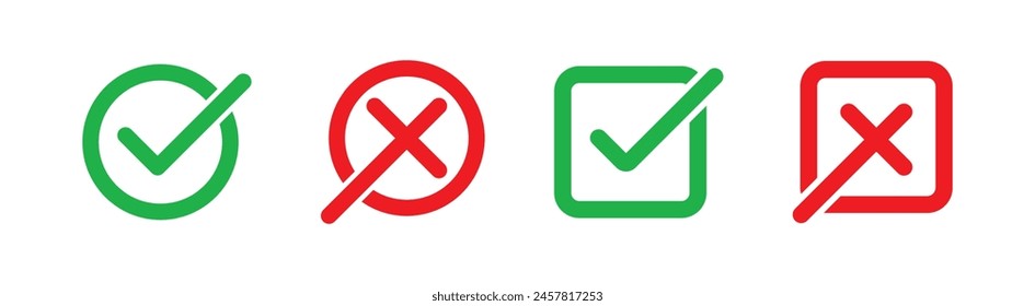 Green check mark, red cross mark icon set. Isolated tick symbols, checklist signs, approval badge. Checkmark and X mark icon, buttons. 