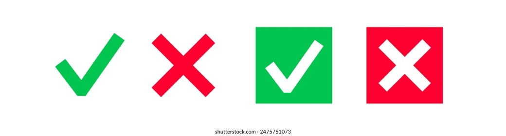 Green check mark, red cross. Check mark icon.