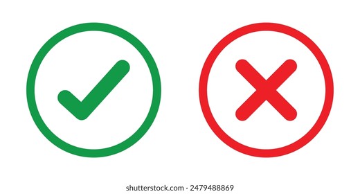 Green check mark and red cross mark icon set. Isolated tick symbols, checklist signs, approval badge. Checkmark and x or confirm and deny line art colored icon for apps and websites.