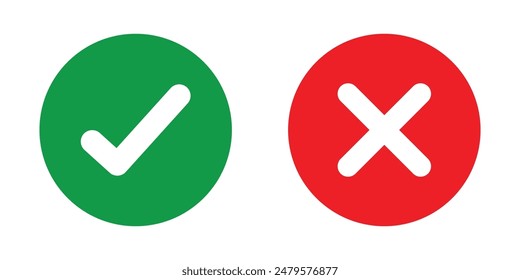 Green check mark and red cross mark icon set. Isolated tick symbols, checklist signs, approval badge. Checkmark and x or confirm and deny line art colored icon for apps and websites. vector icon.