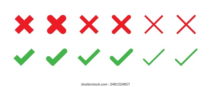 Green check mark, red cross mark icon set. Set of check mark and cross mark icon. Vector illustration. True and false button. Right or rong button. vector illustration.