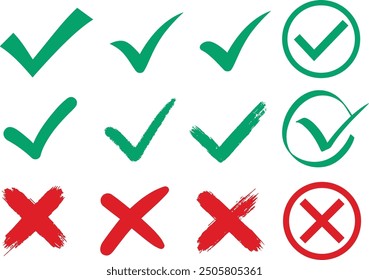 Green check mark and red cross icon set. Isolated vector illustration. Vector drawing. Cross symbol.