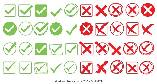 Green check mark and red cross icons - vector elements collection.