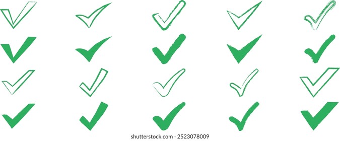 Marca de verificación verde y conjunto de iconos de cruz roja, círculo, marca de verificación de forma diferente y símbolo de marca cuadrada en color verde. aislado. Marcas de verificación en diseño plano simple. Ilustración vectorial