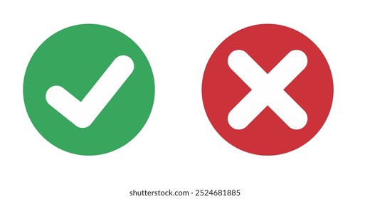 Marca de verificación verde e icono de marca de cruz roja. Ilustración vectorial