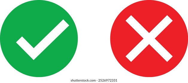 Grünes Häkchen, rotes Kreuz Symbolsatz. Einzeln markierte Häkchen, Prüflistenzeichen, Genehmigungszeichen. Flaches und modernes Design, Vektorgrafik.