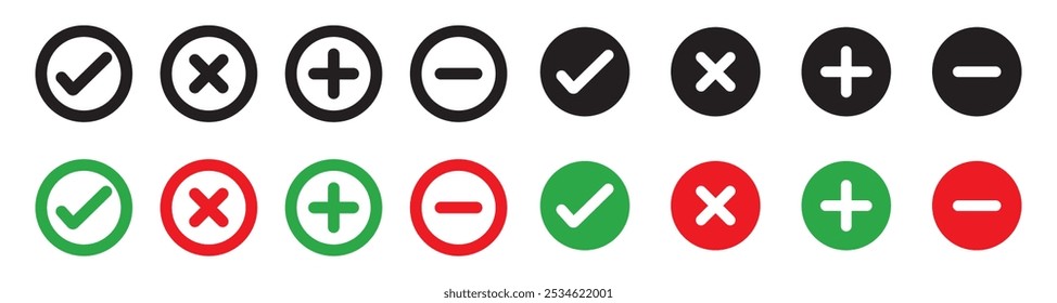Marca de verificación verde, conjunto de iconos de marca de cruz roja. Insignia de Aprobación, símbolos de tick, signos de lista de verificación, Plus, signo de menos. Ilustración vectorial.