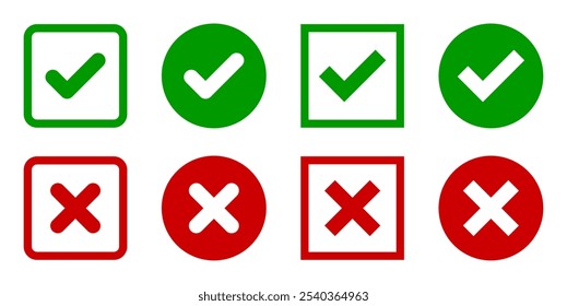 Green check mark and red cross icon in four variants, confirm and deny line art color icon, set of right and wrong simple web buttons with circle and rounded corner shapes isolated on white background