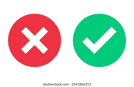 Green check mark, red cross, x mark icon, set of flat rounded right and wrong vector sign concept. tick mark symbol and x cross icon in circle shape. vector set of flat isolated check mark