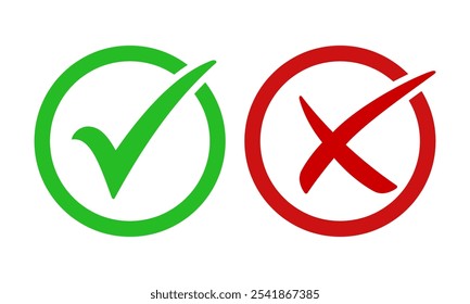 Green check mark, red cross, x mark icon set, hand drawn right and wrong vector rounded sign concept. tick mark symbol and x cross icon in circle outline. Check mark isolated vector set