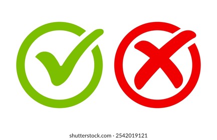 Green check mark, red cross, x mark icon set, Hand drawn right and wrong vector sign in circle outline shape. Bold tick mark symbol and x cross brush stroke style. Check mark isolated vector