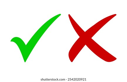 Green check mark, red cross, x mark icon set, right and wrong hand drawn vector sign concept. Correct vote choice and rejection isolated symbol. Check mark vector illustration, tick mark symbol