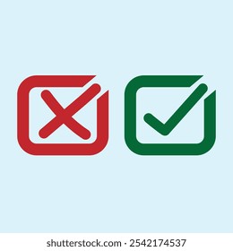 Green check mark and red cross mark icon set isolated on blue background 