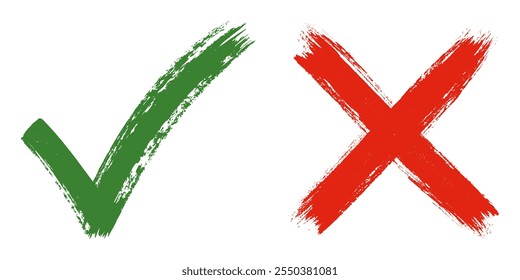 Marca de seleção verde e traços de cruz vermelha para conceitos de tomada de decisão e avaliação. Ícones desenhados à mão isolados no plano de fundo transparente