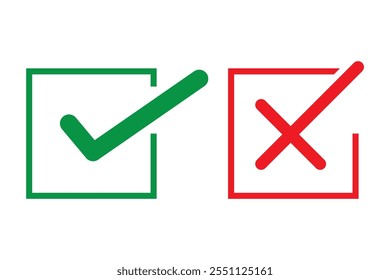 Marca de seleção verde e ícone de cruz vermelha.Conjunto de ícones simples em estilo plano: Sim-Não, Aprovado-Desaprovado, Aceito-Rejeitado, Certo-Errado, Correto-Falso, Verde-Vermelho, Ok-Não Ok. Ilustração vetorial