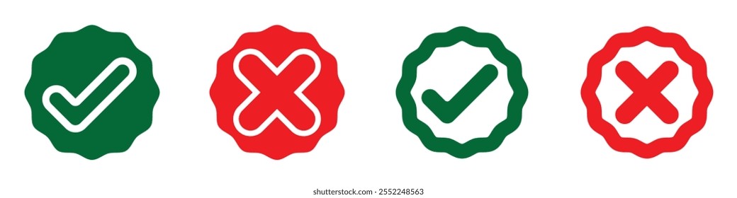 Green check mark and red cross icon. Check mark icon button set. Check box icon with right and wrong buttons. yes or no checkmark icons in green tick box and red cross. Tick mark, vector illustration