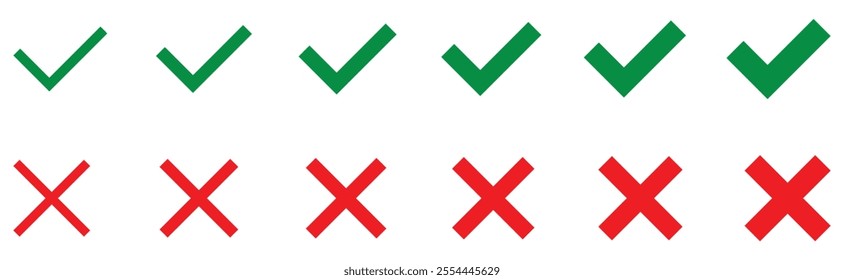 Green check mark and red cross icon set. Red Cross marks. Cross icon. Negative selection mark. Tick icon set. Stylish check mark set in green Check mark icon button set. Vector illustration.